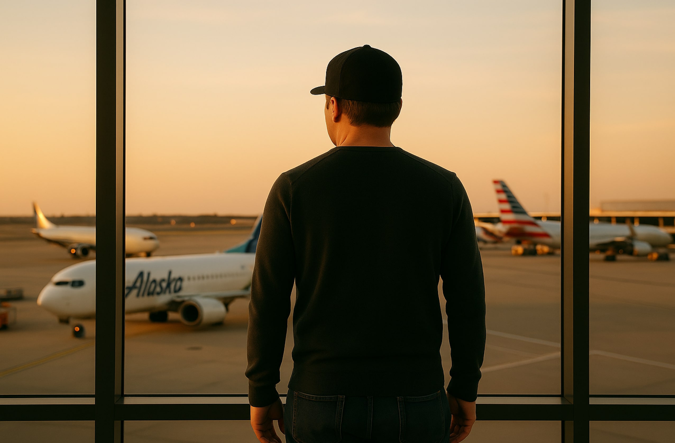 Man at an airport terminal looking out at planes on the tarmac during sunset, symbolizing air travel with personal items like Bluetooth speakers.