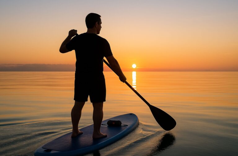 Man paddleboarding at sunrise with a waterproof Bluetooth speaker mounted on the board, ideal for SUP adventures and outdoor audio gear.