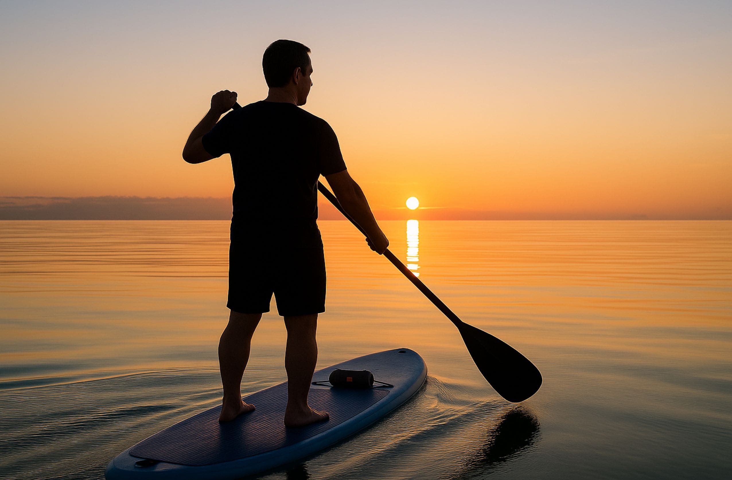 Man paddleboarding at sunrise with a waterproof Bluetooth speaker mounted on the board, ideal for SUP adventures and outdoor audio gear.