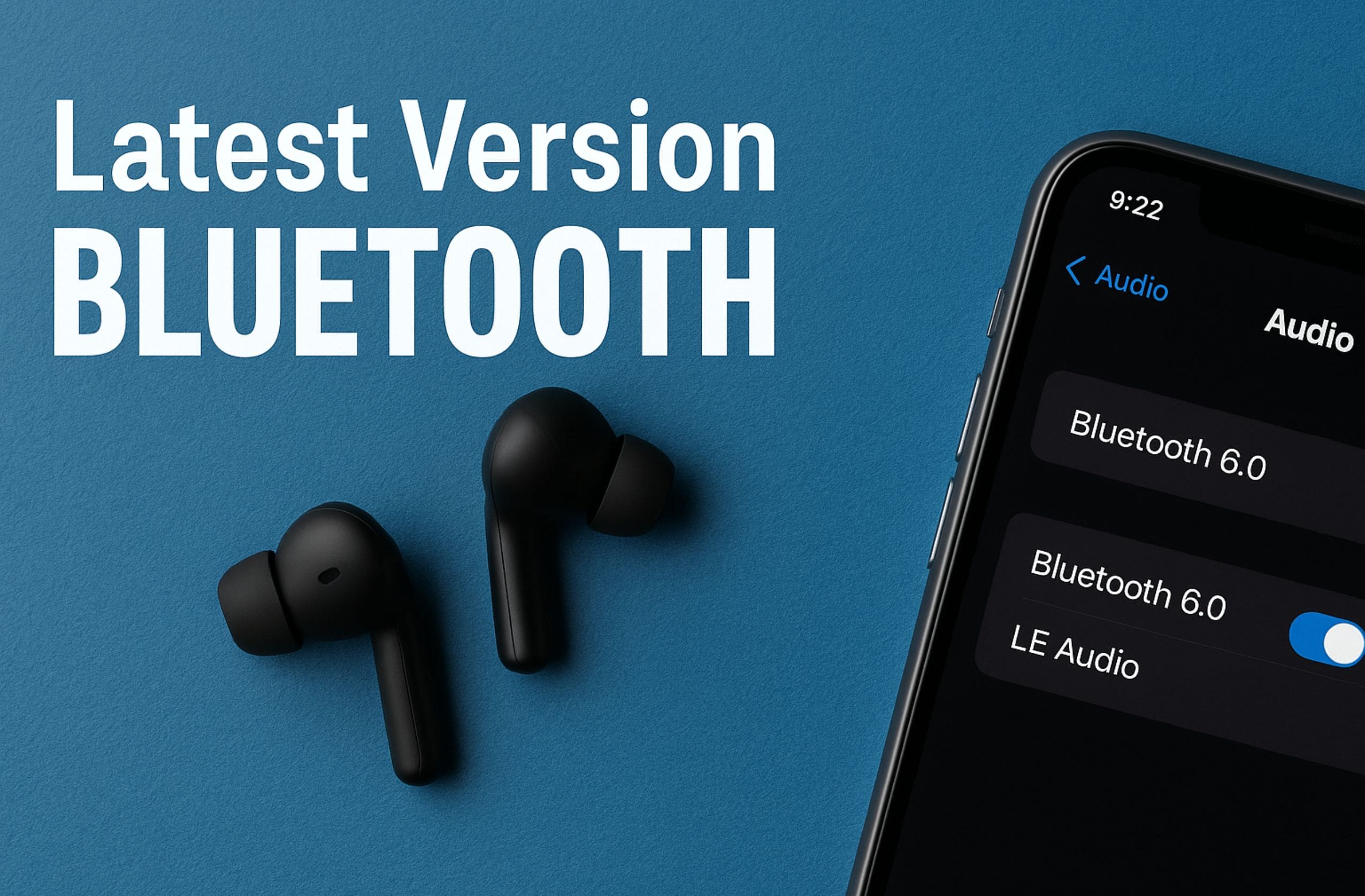 Bluetooth 6.0 and LE Audio settings shown on smartphone beside modern wireless earbuds on blue background.