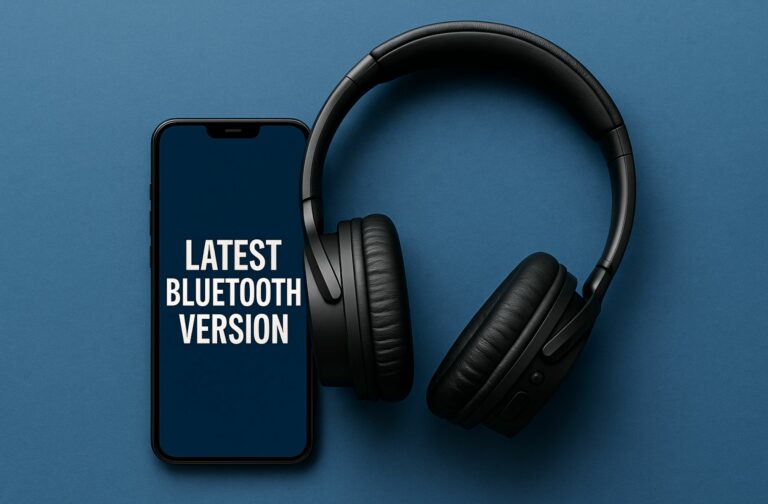 Centered layout showing black wireless headphones and a smartphone screen with “Latest Bluetooth Version” on a clean blue background.