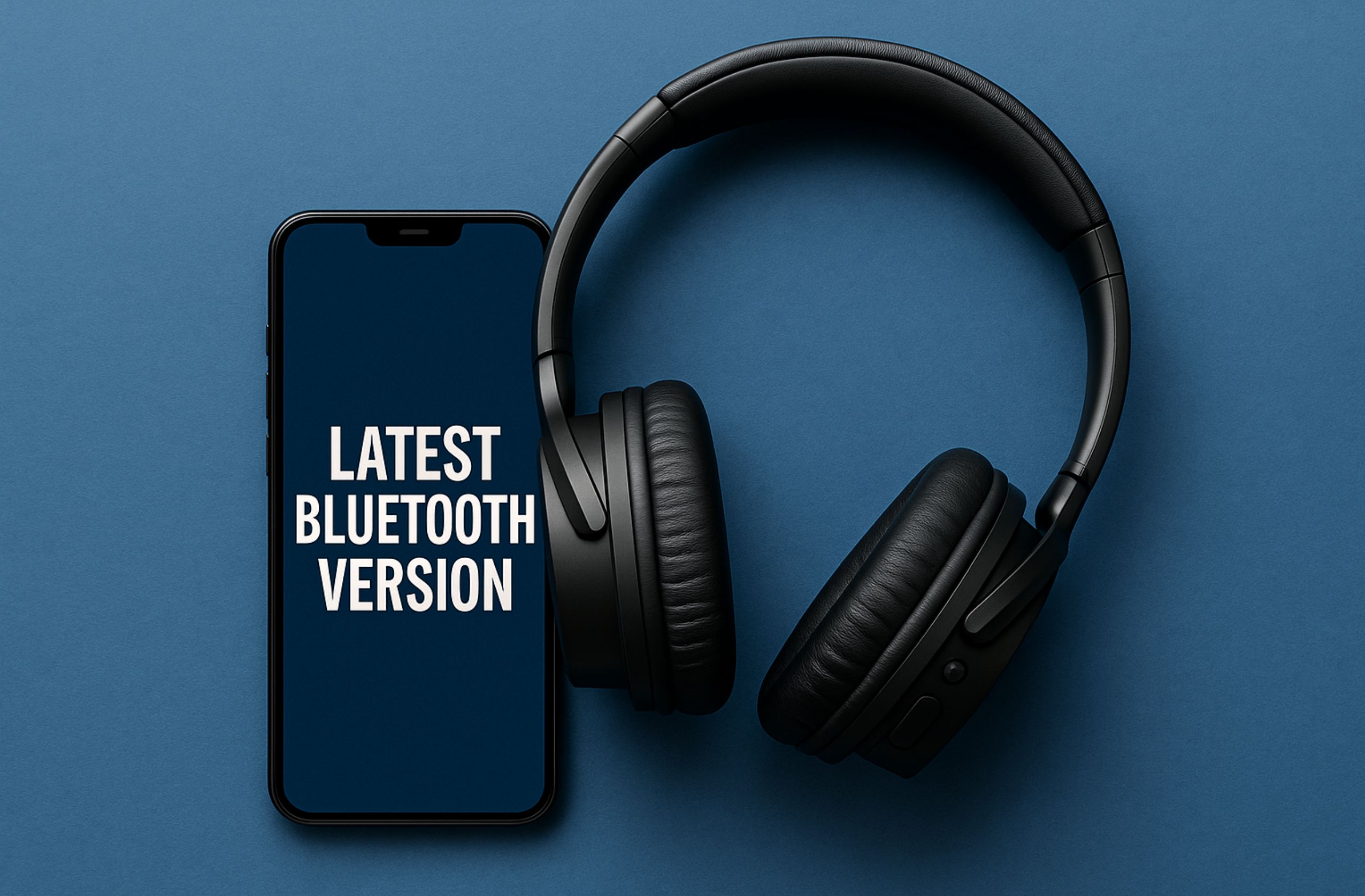 Centered layout showing black wireless headphones and a smartphone screen with “Latest Bluetooth Version” on a clean blue background.