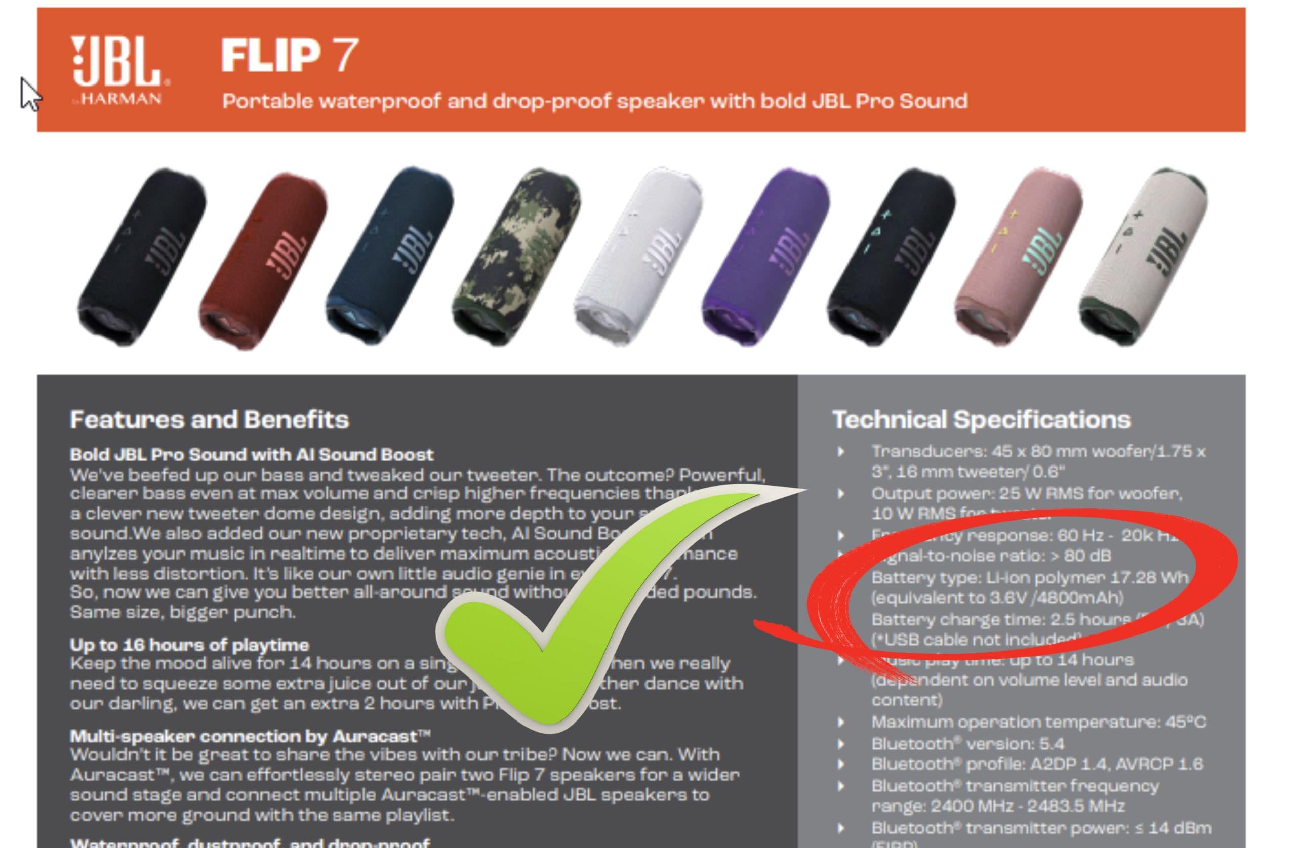 Battery specifications for JBL Bluetooth speaker showing 17.28Wh rating, compliant with TSA flight regulations